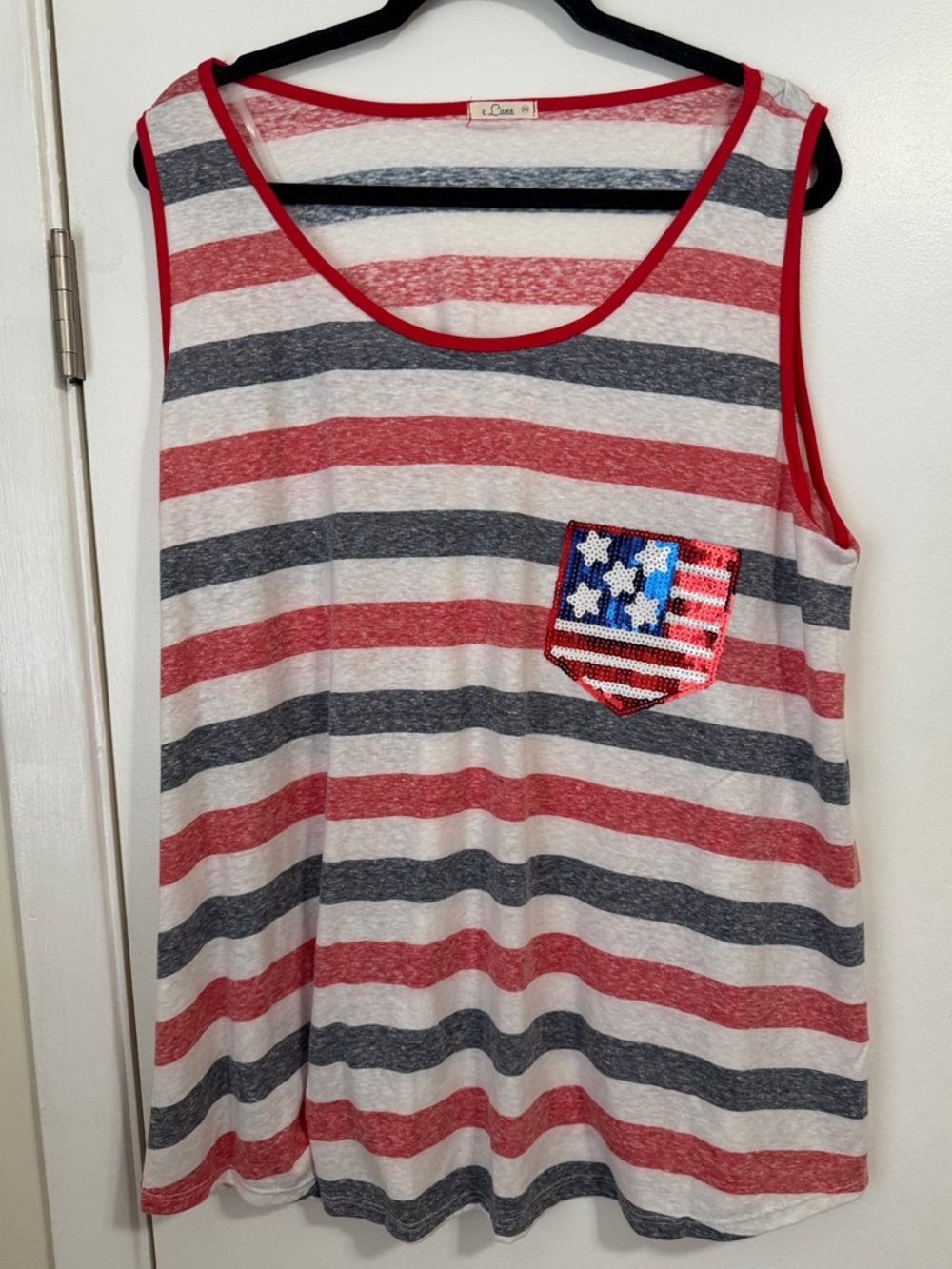 Red, White & Blue Striped Sequin Pocket Tank Top